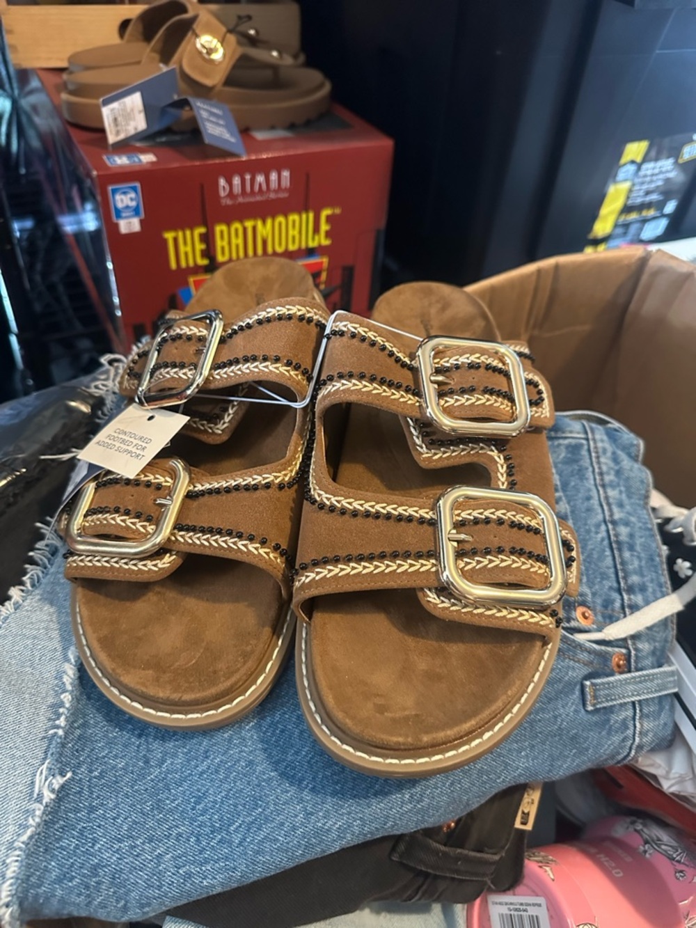 Universal Thread Brown Double-Buckle Suede Slide Sandals